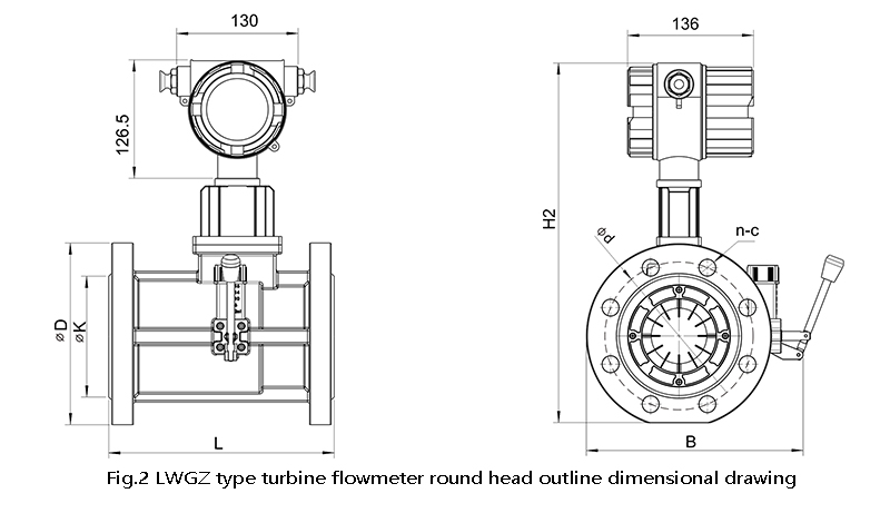 Turbine flowmeter round head outline dimensional drawing