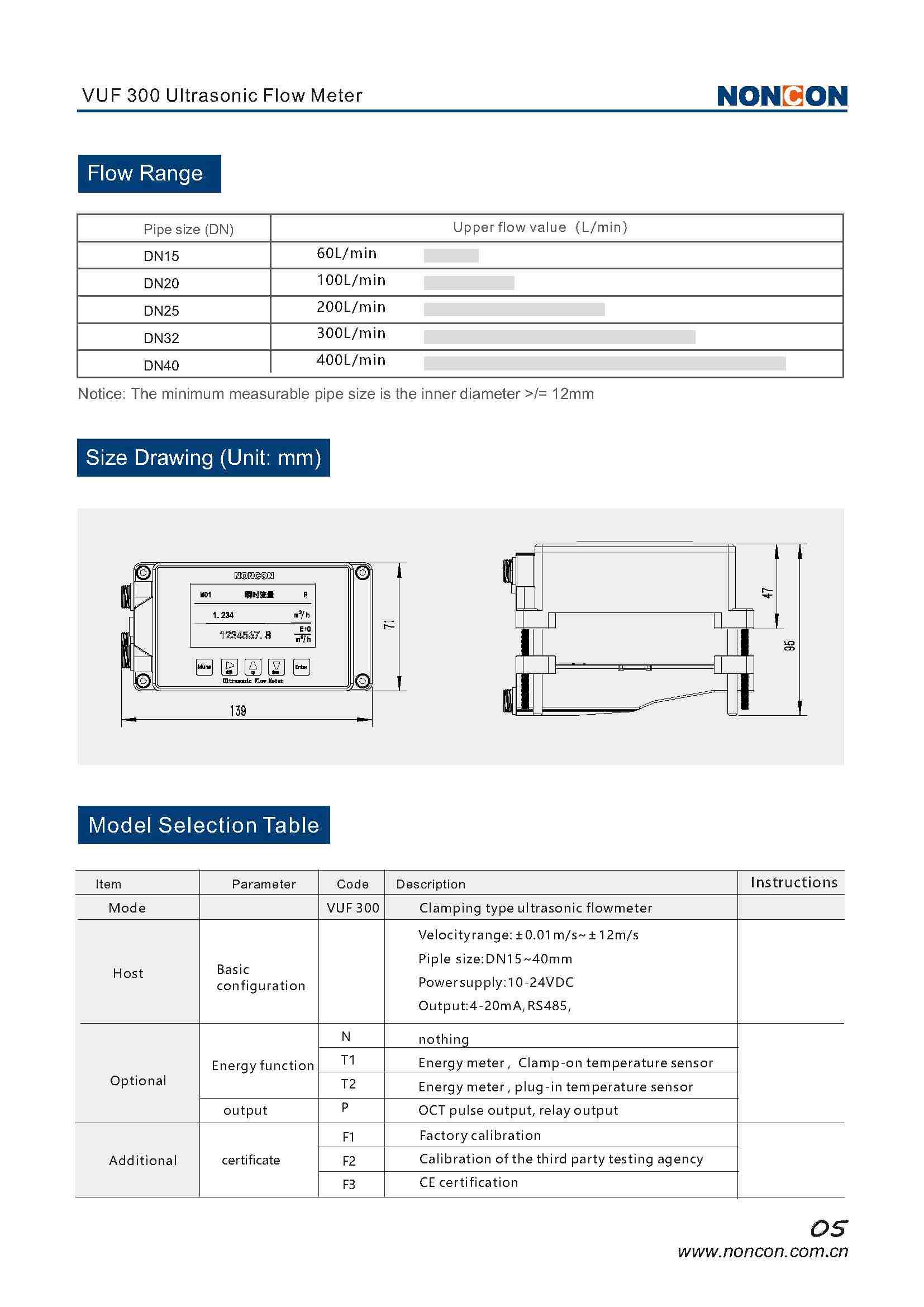 نطاق التدفق واختيار نوع VUF300